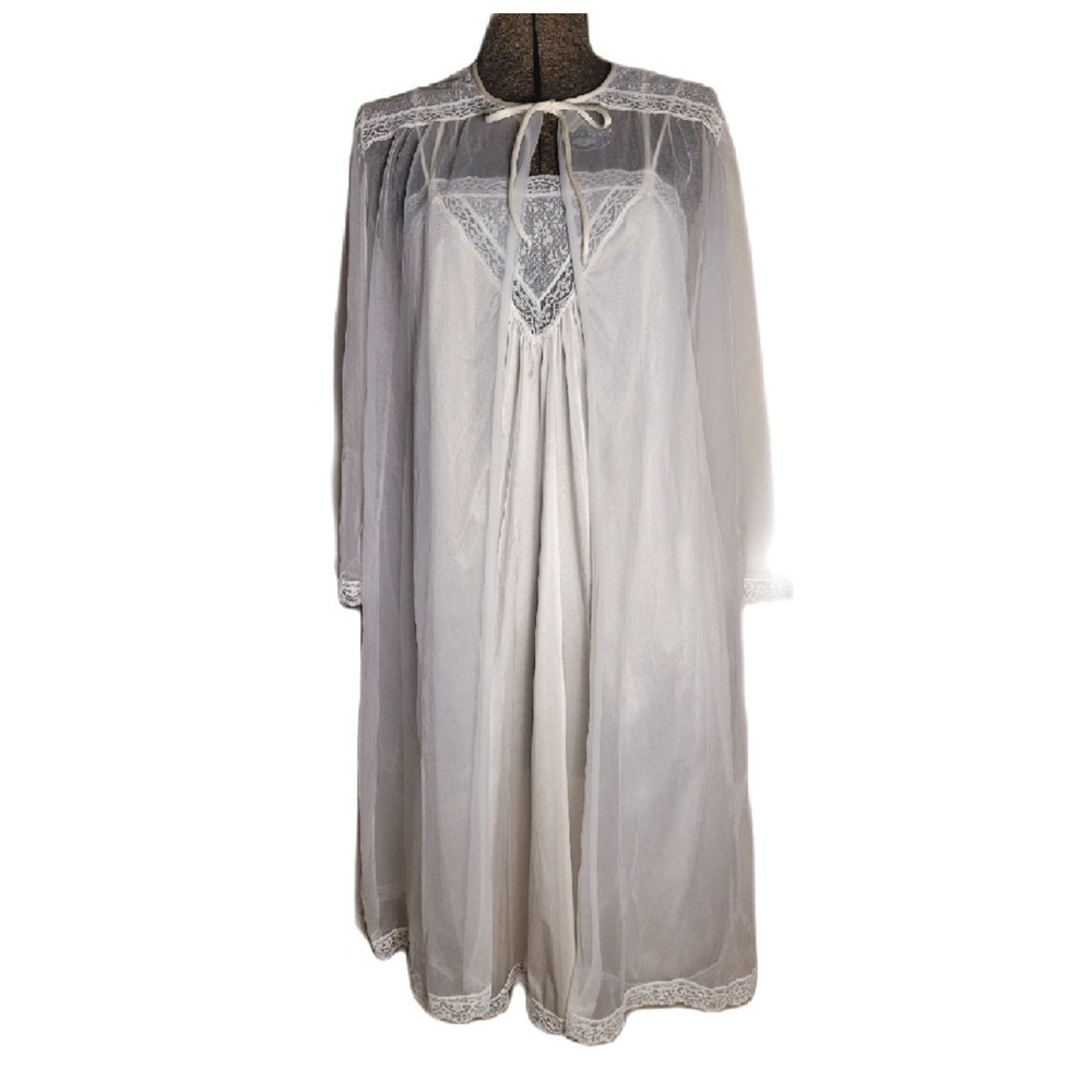 Vintage 60s 70s Peignoir Nightgown Set Bed Coat White‎ Bridal Slip M Gilead